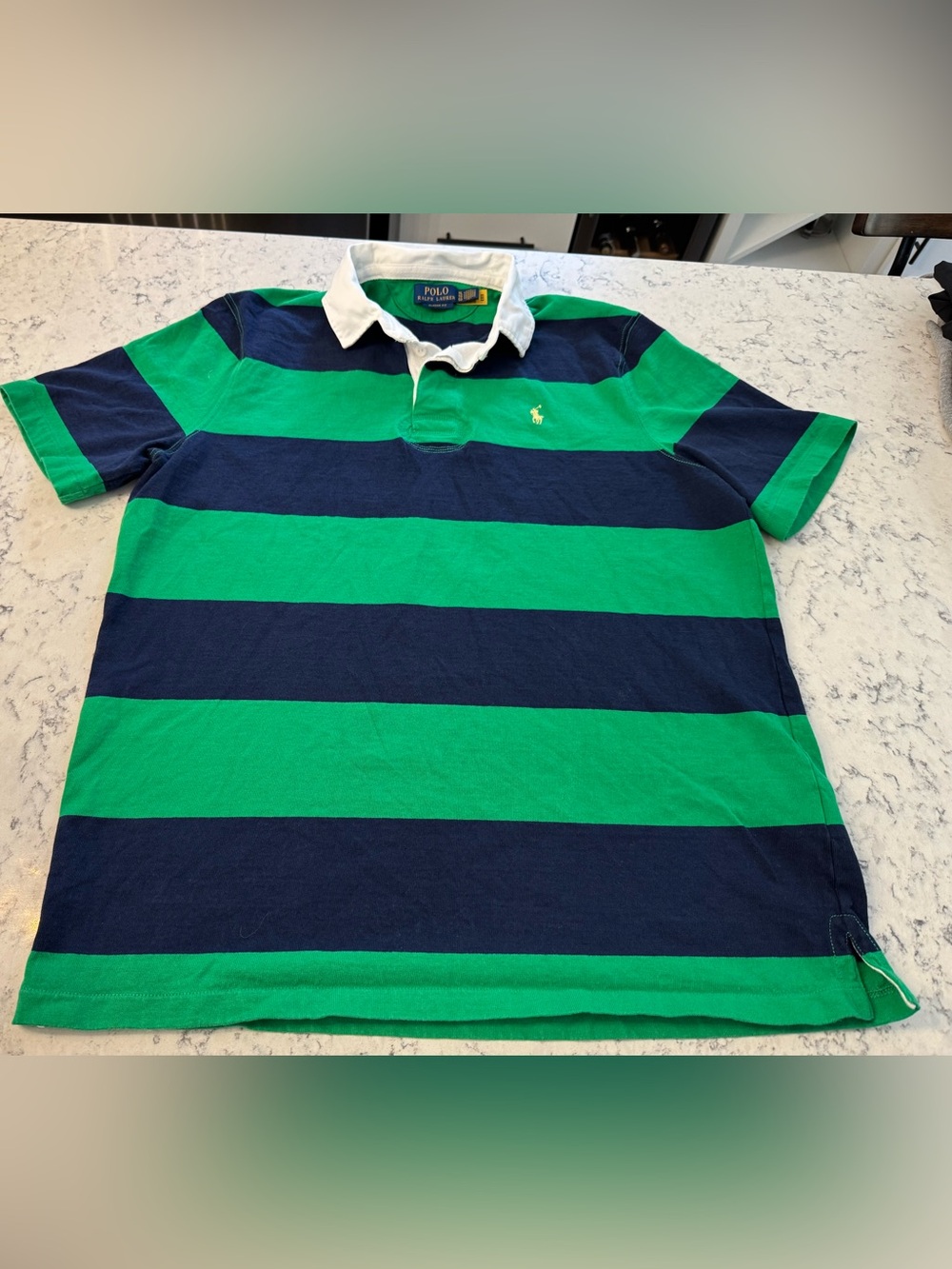 Polo by Ralph Lauren Mens XL Green & Navy Striped Rugby Polo short Sleeves